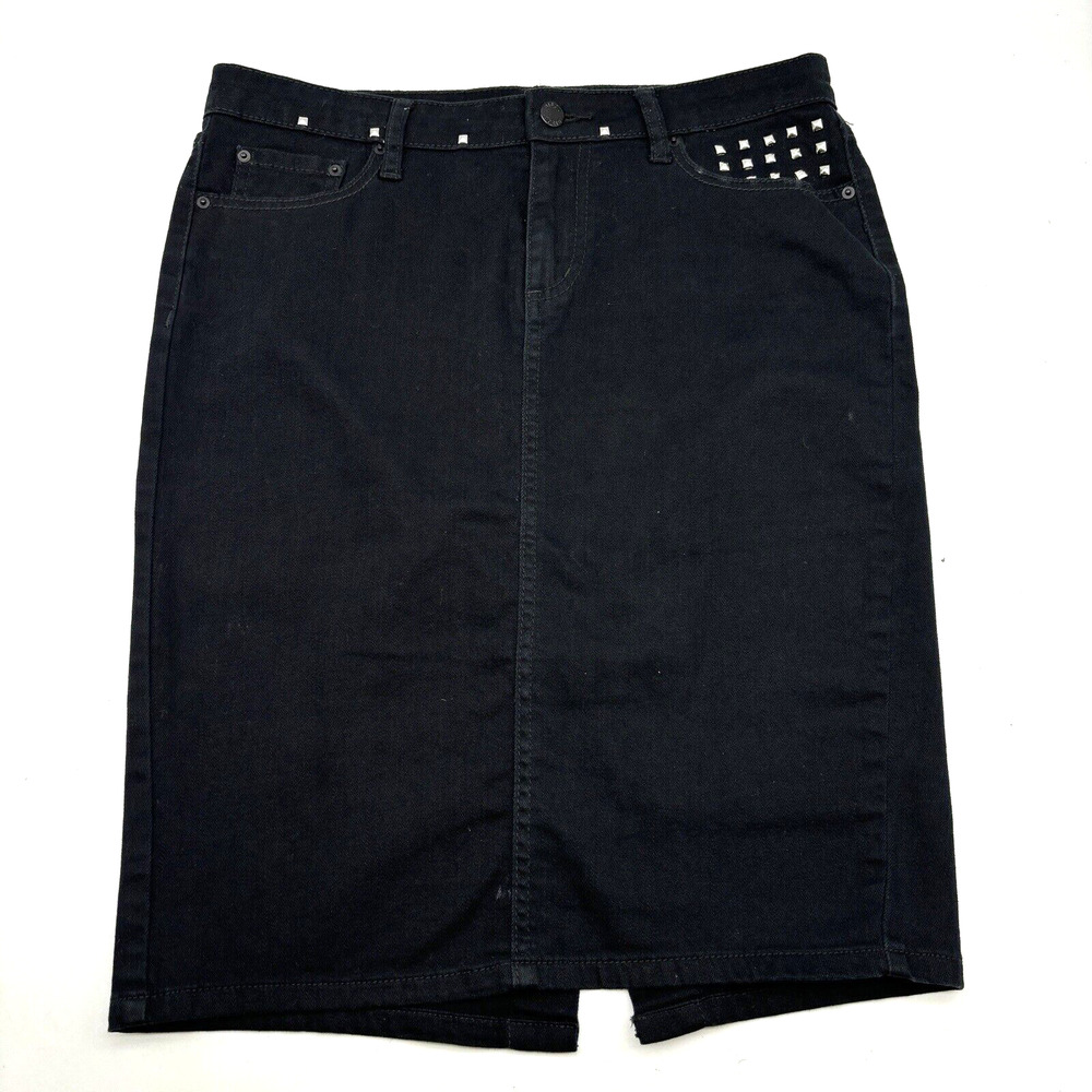 Bisou Bisou Black Stretch Pyramid Studs Denim Knee Length Pencil Skirt 8 31x21"